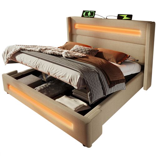 Lit 140x200cm, Lit 2 Places, Lit Coffre, Lit Adulte, Sommier, LED, USB, Lin, Beige