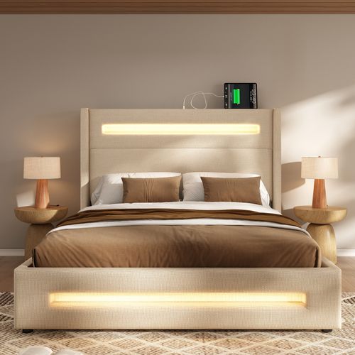 Lit 160x200cm, Lit 2 Places, Lit Coffre, Lit Adulte, Sommier, LED, USB, Lin, Beige