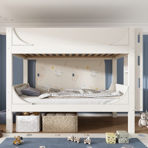 Lit Superposé, Lit 90x200cm, Lit Enfant, Sommier, Design Simple, Bois+mdf, Blanc