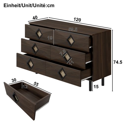 Buffet Bas 120x40x74,5cm, 6 Tiroirs, Moderne, Pieds En Métal, Mdf+aggloméré, Marron