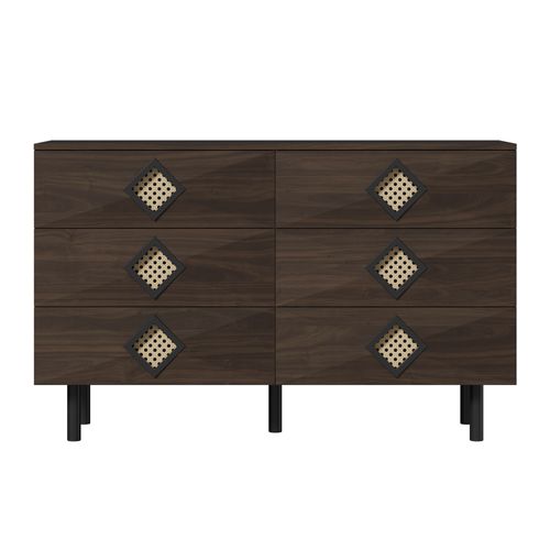 Buffet Bas 120x40x74,5cm, 6 Tiroirs, Moderne, Pieds En Métal, Mdf+aggloméré, Marron