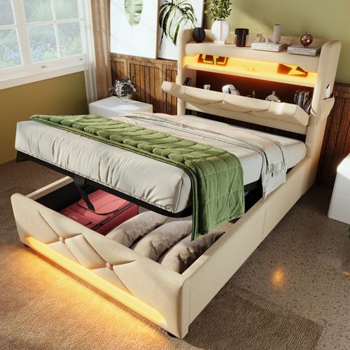 Lit Coffre 90x200cm, Lit Simple, LED, Porte Abattante, Poche Latérale, Ports De Recharge, Lin, Beige
