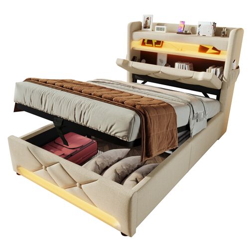 Lit Coffre 90x200cm, Lit Simple, LED, Porte Abattante, Poche Latérale, Ports De Recharge, Lin, Beige