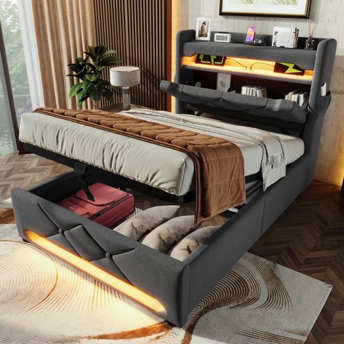 Lit Coffre 90x200cm, Lit Double, LED, Porte, Poche, Ports De Recharge, Rangement Caché, Lin, Gris