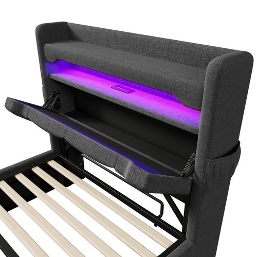 Lit Coffre 90x200cm, Lit Double, LED, Porte, Poche, Ports De Recharge, Rangement Caché, Lin, Gris