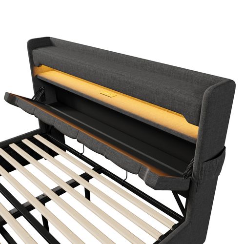 Lit Coffre 160x200cm, Lit Double, LED, Port De Recharge, Tête De Lit De Rangement, Poche, Lin, Gris