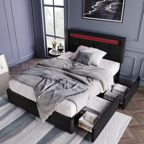 Lit Simple 90x200cm, Lit Rangement, Tiroirs Latérales, LED, Tête De Lit, Sommier à Lattes, Lin, Noir