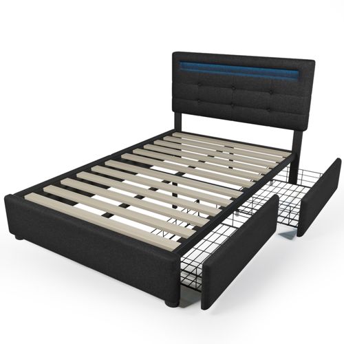 Lit Simple 90x200cm, Lit Rangement, Tiroirs Latérales, LED, Tête De Lit, Sommier à Lattes, Lin, Noir