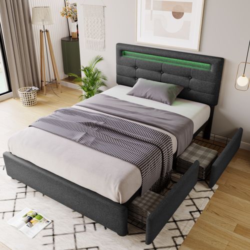 Lit Simple 90x200cm, Lit Rangement, 2 Tiroirs, LED, Tête De Lit, Sommier, Lin, Métal Et Bois, Gris