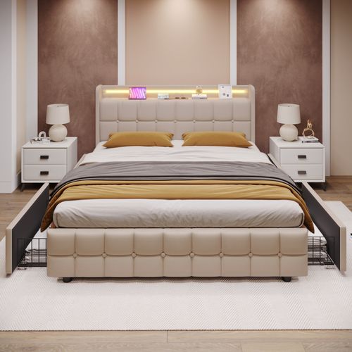 Lit Adulte 140x200cm, Lit Double, 4 Tiroirs, LED, Tête De Lit, Ports USB Intégrés, En Lin, En Beige