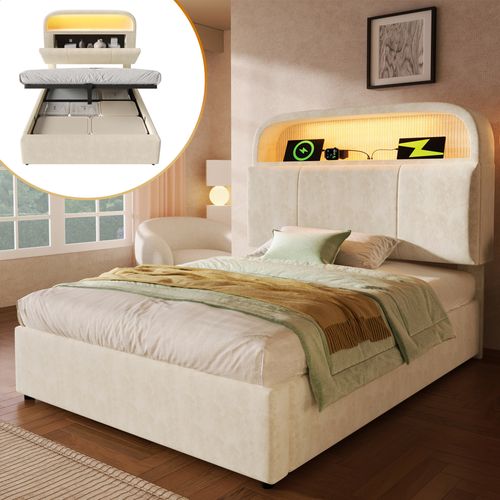 Lit Coffre 90x200cm, Lit Simple, LED, Tête De Lit, Étagère, Ports De Charge, Velours, Beige