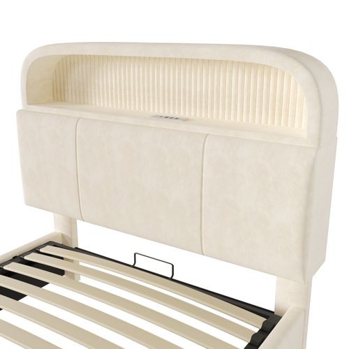 Lit Coffre 90x200cm, Lit Simple, LED, Tête De Lit, Étagère, Ports De Charge, Velours, Beige