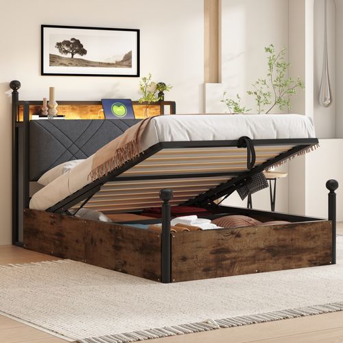 Lit Baldaquin 90*190cm, Lit Coffre, Ports De Charge, LED, Tête De Lit, En Mdf Et Fer, Noir Et Brun