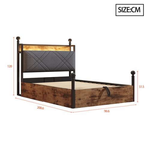 Lit Baldaquin 90*190cm, Lit Coffre, Ports De Charge, LED, Tête De Lit, En Mdf Et Fer, Noir Et Brun