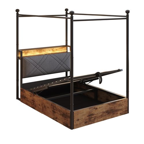 Lit Baldaquin 90*190cm, Lit Coffre, Ports De Charge, LED, Tête De Lit, En Mdf Et Fer, Noir Et Brun