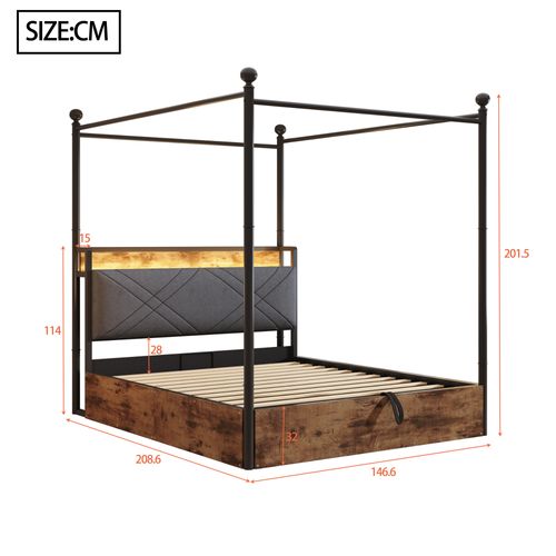 Lit Baldaquin 140*190cm, Lit Coffre, Tête De Lit, Ports De Charge, LED, En Mdf Et Fer, Noir Et Brun