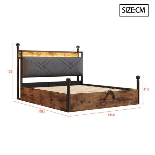 Lit Baldaquin 140*190cm, Lit Coffre, Tête De Lit, Ports De Charge, LED, En Mdf Et Fer, Noir Et Brun