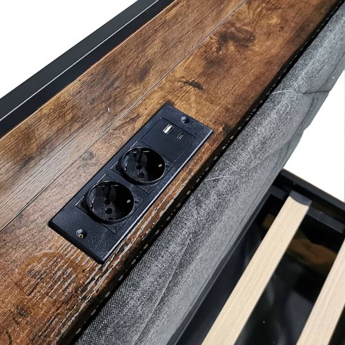 Lit Baldaquin 90x190cm, Lit Simple, Port De Charge, Tiroir, LED, Tête De Lit, Mdf, Fer, Noir Et Brun