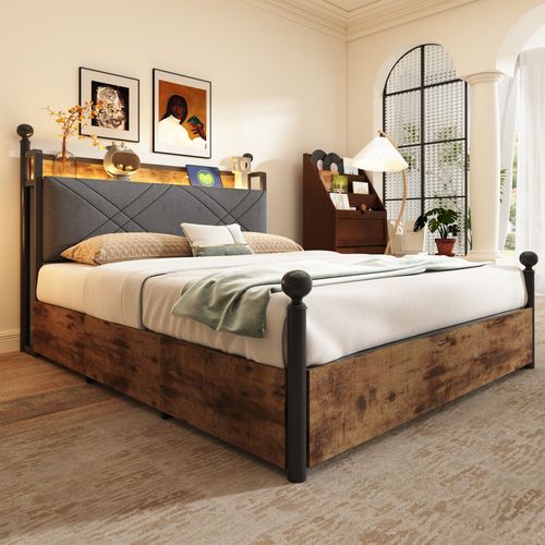 Lit Baldaquin 140x190cm, Lit Double, 3 Tiroirs, Ports De Charge, LED, Mdf, Fer, Noir Et Brun