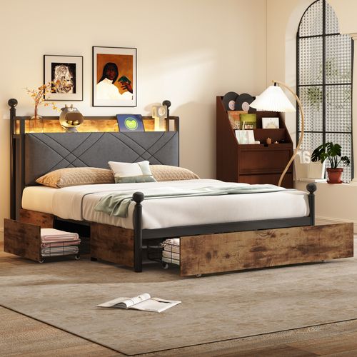 Lit Baldaquin 140x190cm, Lit Double, 3 Tiroirs, Ports De Charge, LED, Mdf, Fer, Noir Et Brun