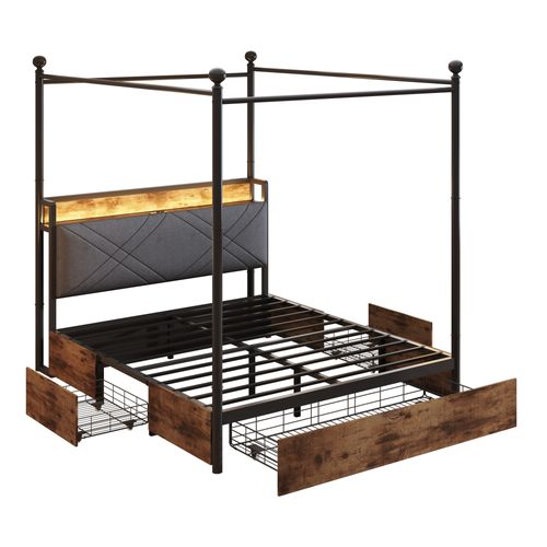 Lit Baldaquin 140x190cm, Lit Double, 3 Tiroirs, Ports De Charge, LED, Mdf, Fer, Noir Et Brun