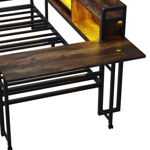 Lit Avec Rangement 90 X 200 Cm, Prises, Niches, Tiroirs, Étagère, Table, LED, Mdf Et Fer, Brun, Noir