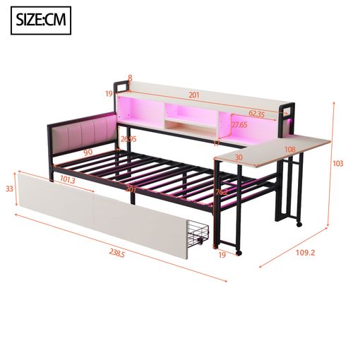 Lit Avec Rangement 90 X 200 Cm, LED, Prises, Niches, Tiroirs, Étagère, Table, Mdf, Fer, Blanc, Noir