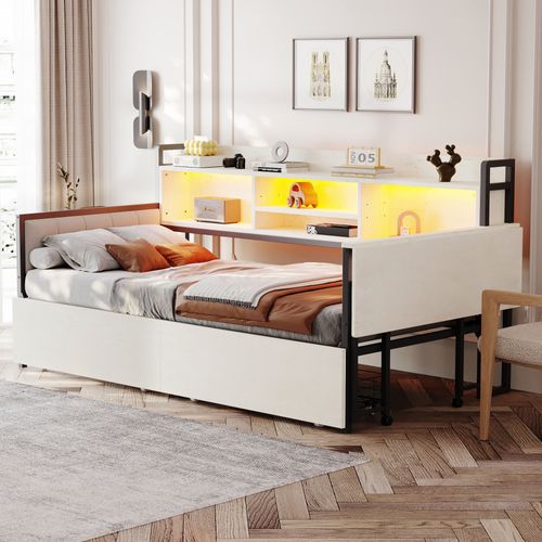 Lit Avec Rangement 90 X 200 Cm, LED, Prises, Niches, Tiroirs, Étagère, Table, Mdf, Fer, Blanc, Noir