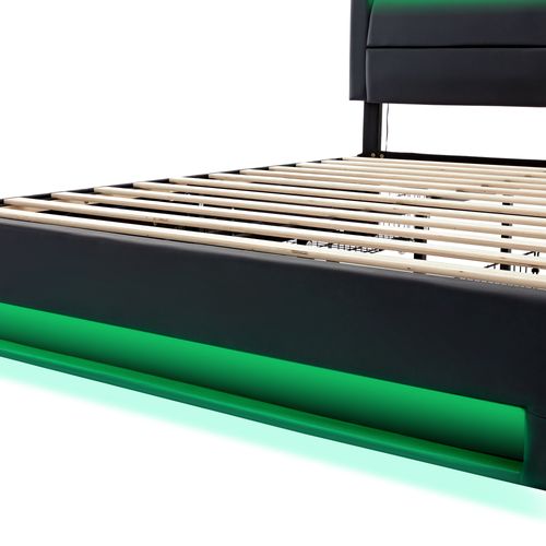 Lit Adulte 140x200 Cm, Lit Double, LED Réglable, Ports De Charge, 4 Tiroirs, Tête De Lit, Pu, Noir