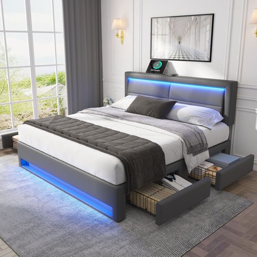 Lit Double 160x200cm, Lit Adulte, 4 Tiroirs, LED, Ports De Charge, Motif Pu Litchi, Mdf Et Fer, Gris