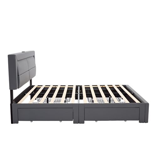Lit Double 160x200cm, Lit Adulte, 4 Tiroirs, LED, Ports De Charge, Motif Pu Litchi, Mdf Et Fer, Gris