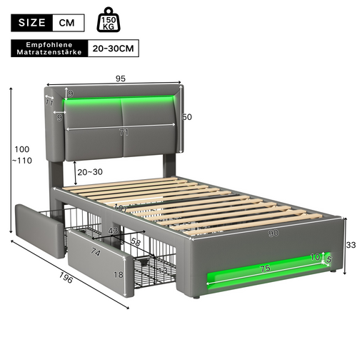 Lit Double 90x190cm, Lit Simple, 4 Tiroirs, Port USB, LED, Tête De Lit, En Pu, Mdf Et Fer, Gris