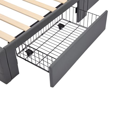 Lit Double 90x190cm, Lit Simple, 4 Tiroirs, Port USB, LED, Tête De Lit, En Pu, Mdf Et Fer, Gris