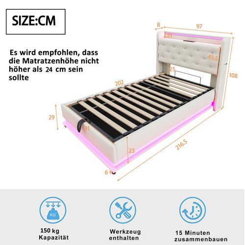 Lit 90x200cm, Lit Coffre, Lit Simple, Sommier, LED, USB, Tête De Lit, Lin, Mdf+métal, Beige