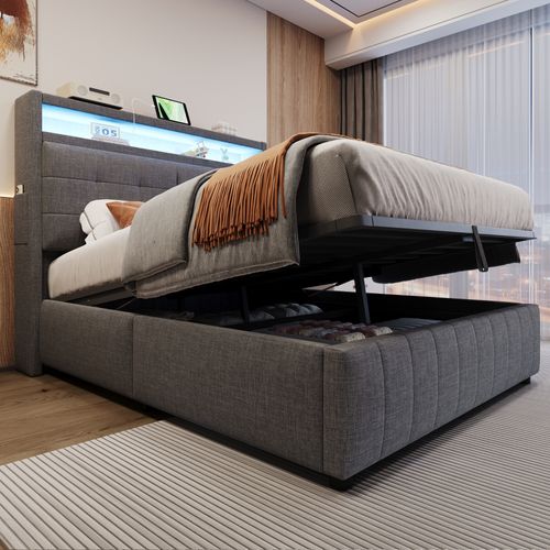 Lit 140x200cm, Lit Coffre, Lit Double, Sommier, Tête De Lit, LED, USB, Métal, Lin, Gris