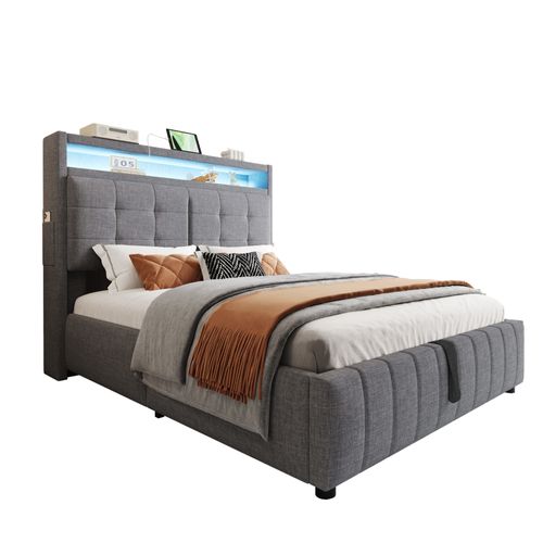 Lit 140x200cm, Lit Coffre, Lit Double, Sommier, Tête De Lit, LED, USB, Métal, Lin, Gris