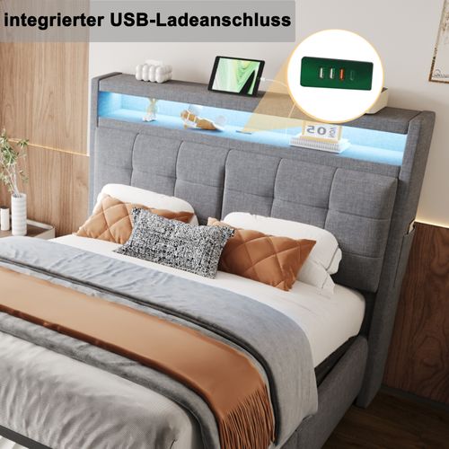 Lit 140x200cm, Lit Coffre, Lit Double, Sommier, Tête De Lit, LED, USB, Métal, Lin, Gris