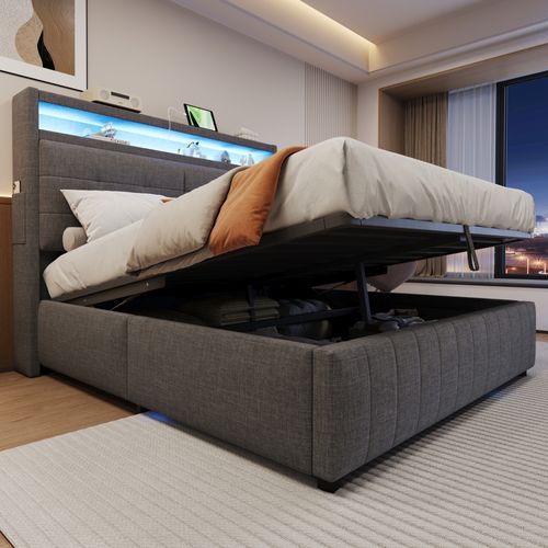 Lit 160x200cm, Lit Coffre, Lit Double, Sommier, Tête De Lit, LED, USB, Métal, Lin, Gris