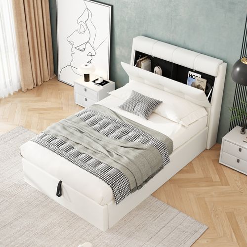 Lit 90x200cm, Lit Coffre, Lit 1 Place, Lit Adulte, Sommier, Tête De Lit, Moderne, Pu, Blanc