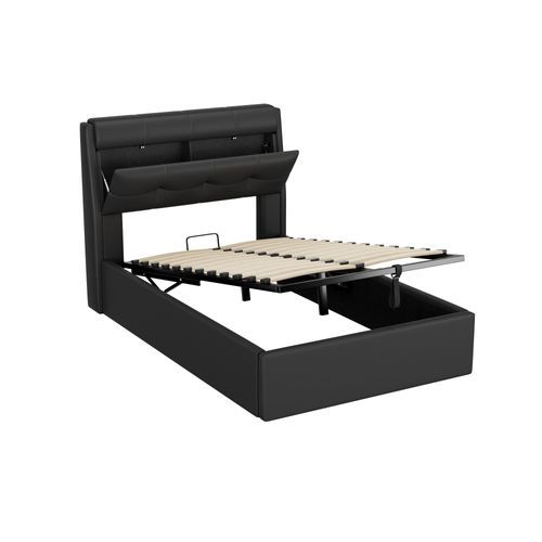 Lit 90x200cm, Lit Coffre, Lit 1 Place, Lit Adulte, Sommier, Tête De Lit, Moderne, Pu, Noir