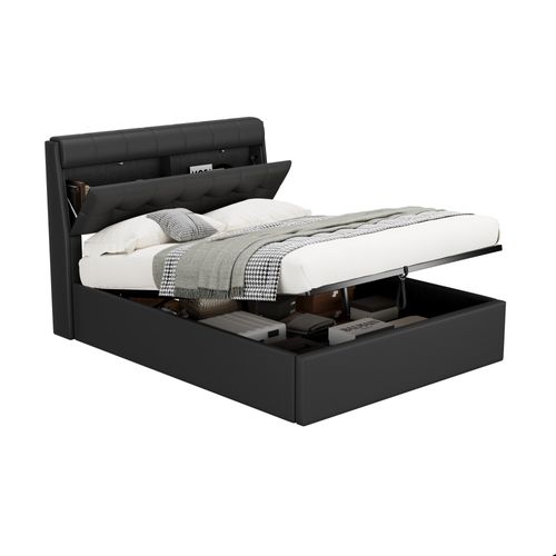 Lit 140x200cm, Lit 2 Places, Lit Coffre, Lit Adulte, Sommier, Moderne, Tête De Lit, Pu, Noir