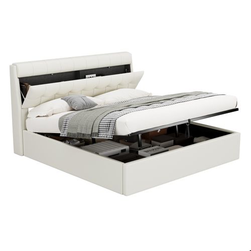 Lit 180x200cm, Lit Double, Lit Coffre, Lit Adulte, Sommier, Moderne, Tête De Lit, Pu, Blanc