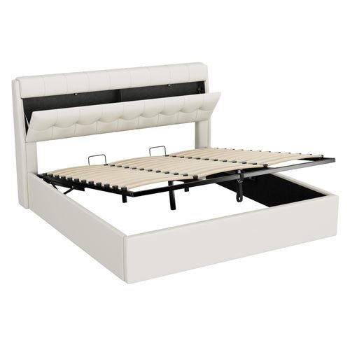 Lit 180x200cm, Lit Double, Lit Coffre, Lit Adulte, Sommier, Moderne, Tête De Lit, Pu, Blanc