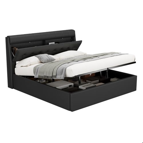 Lit 180x200cm, Lit Double, Lit Coffre, Lit Adulte, Sommier, Moderne, Tête De Lit, Pu, Noir