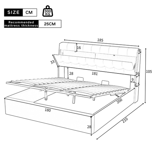 Lit 180x200cm, Lit Double, Lit Coffre, Lit Adulte, Sommier, Moderne, Tête De Lit, Pu, Noir