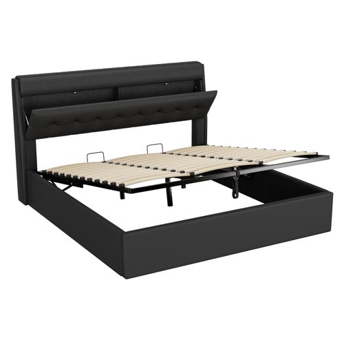 Lit 180x200cm, Lit Double, Lit Coffre, Lit Adulte, Sommier, Moderne, Tête De Lit, Pu, Noir