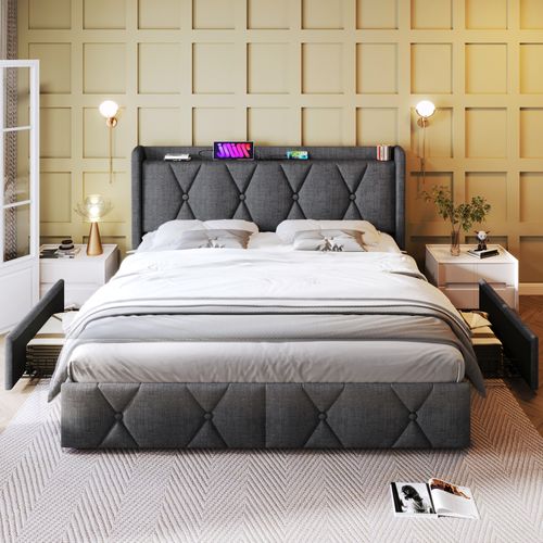 Lit 140x200cm, Lit Double, Sommier, 4 Tiroirs, Tête De Lit, Moderne, USB, Lin, Gris Foncé