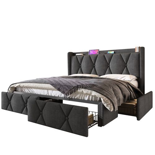 Lit 140x200cm, Lit Double, Sommier, 4 Tiroirs, Tête De Lit, Moderne, USB, Lin, Gris Foncé