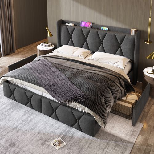 Lit 140x200cm, Lit Double, Sommier, 4 Tiroirs, Tête De Lit, Moderne, USB, Lin, Gris Foncé