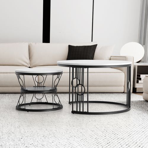 Table Basse Gigogne 2 Pièces - Tables Rondes Empilables Pour Salon Et Balcon, Mdf Et Métal - Noir